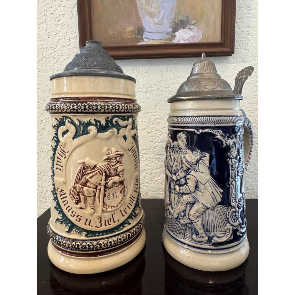 Vintage German Beer Steins Pair – Ceramic with Pewter Lids – Zodiac Design – Mad